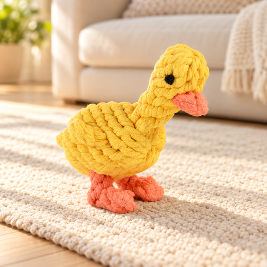 Yellow Rope Buddy Duck dog toy with coral beak and feet on a cream rug