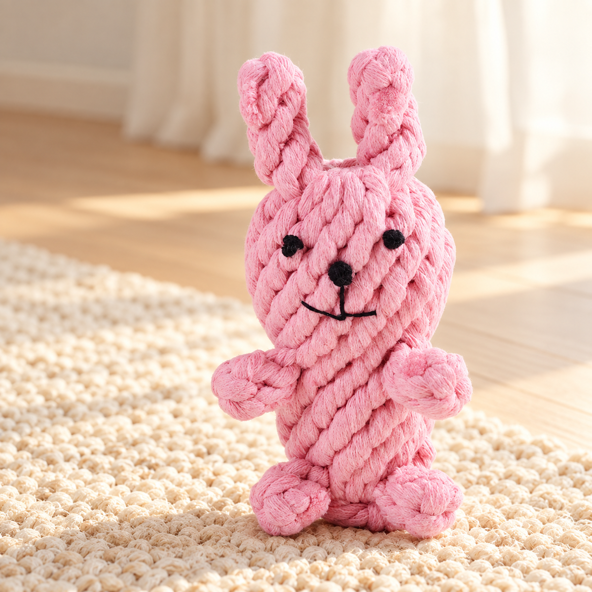 Pink Rope Buddy Rabbit dog toy with upright ears on a cream rug