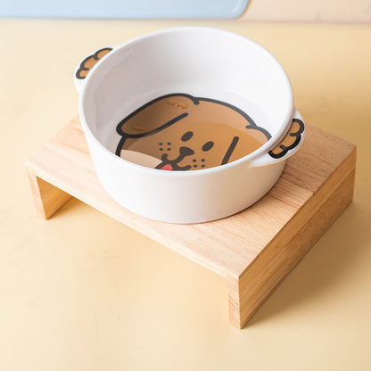 Dog ceramic pet bowl on a separate natural-toned stand; stand not included
