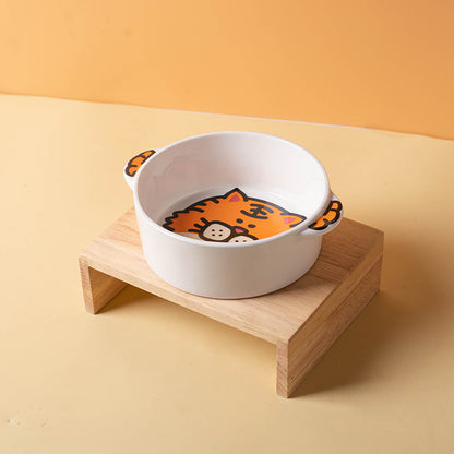 Tiger ceramic pet bowl on a separate natural-toned stand; stand not included