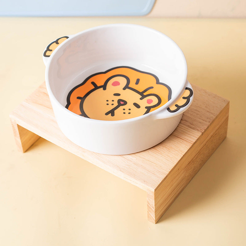 Lion ceramic pet bowl on a separate natural-toned stand; stand not included