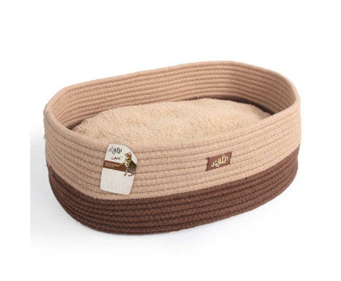 All For Paws brown and tan oval woven cat bed with plush cushion