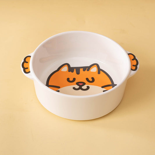 Cat ceramic pet bowl showing the animal illustration inside the white bowl