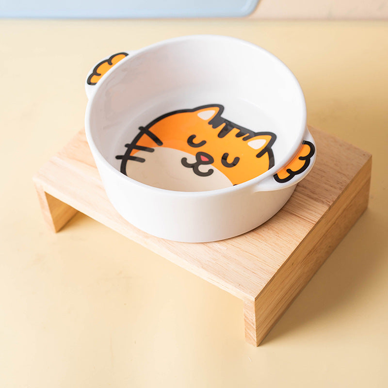 Cat ceramic pet bowl on a separate natural-toned stand; stand not included