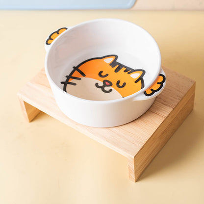 Cat ceramic pet bowl on a separate natural-toned stand; stand not included