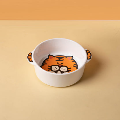 Tiger ceramic pet bowl showing the animal illustration inside the white bowl