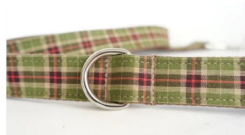 Adjustable Olive Plaid Dog Collar with Leash