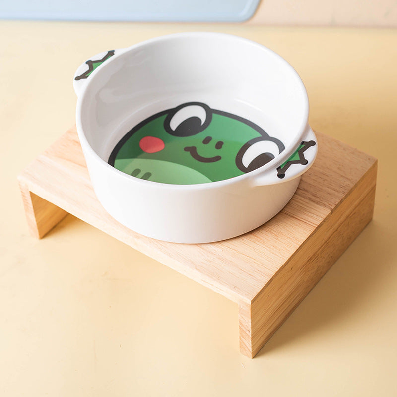Frog ceramic pet bowl on a separate natural-toned stand; stand not included