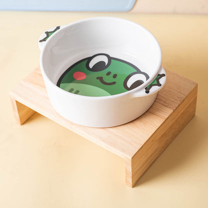 Frog ceramic pet bowl on a separate natural-toned stand; stand not included