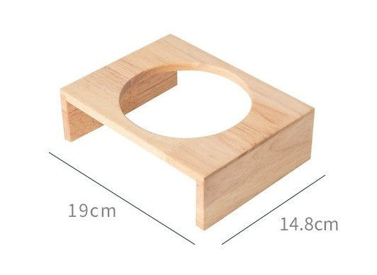 Natural-toned ceramic pet bowl stand showing a 19 by 14.8 cm footprint