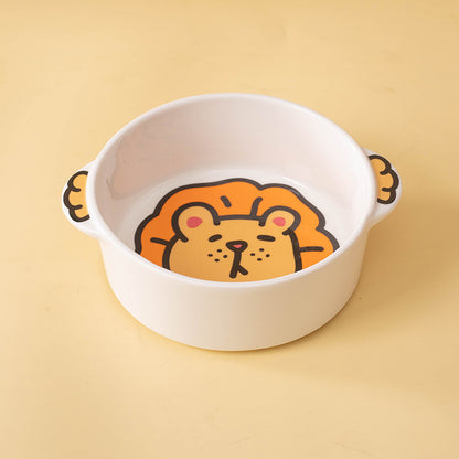 Lion ceramic pet bowl showing the animal illustration inside the white bowl