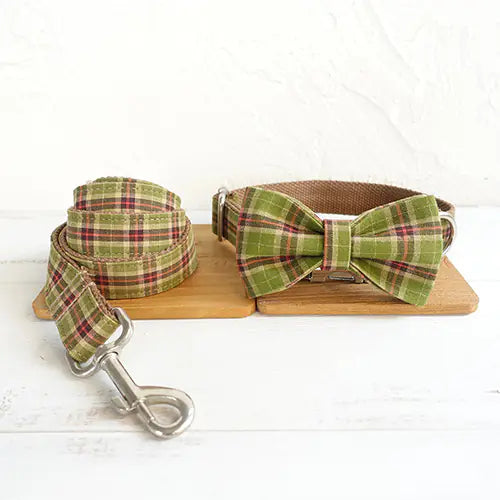 Adjustable Olive Plaid Dog Collar with Leash