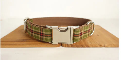 Adjustable Olive Plaid Dog Collar with Leash