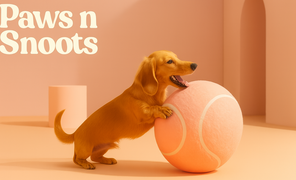 A playful dachshund with an oversized peach-coloured ball