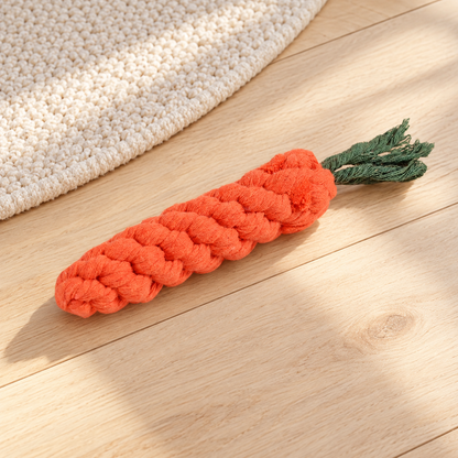 Orange Rope Buddy Carrot dog toy with green rope leaves on pale timber