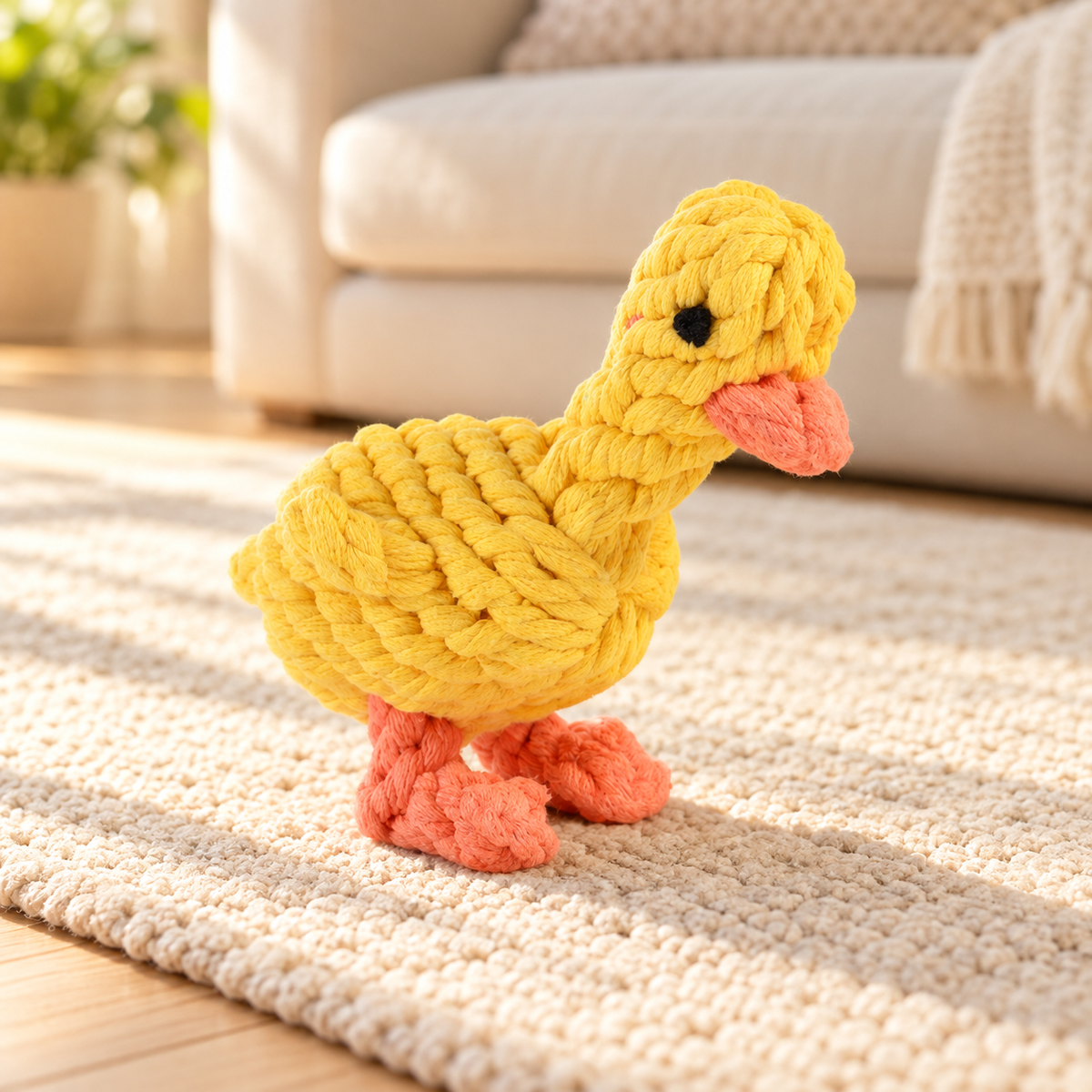 Yellow Rope Buddy Duck dog toy with coral beak and feet on a cream rug