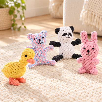 Rope Buddy Duck, Bear, Panda and Rabbit dog toy character options together on a cream rug