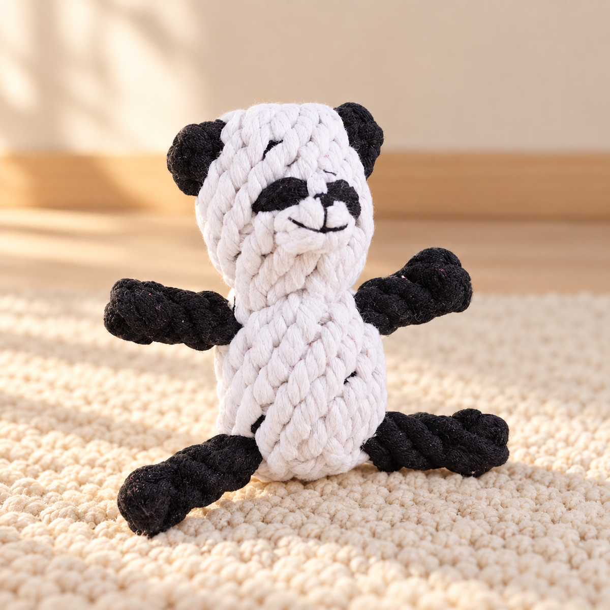 Black and white Rope Buddy Panda dog toy on a cream rug
