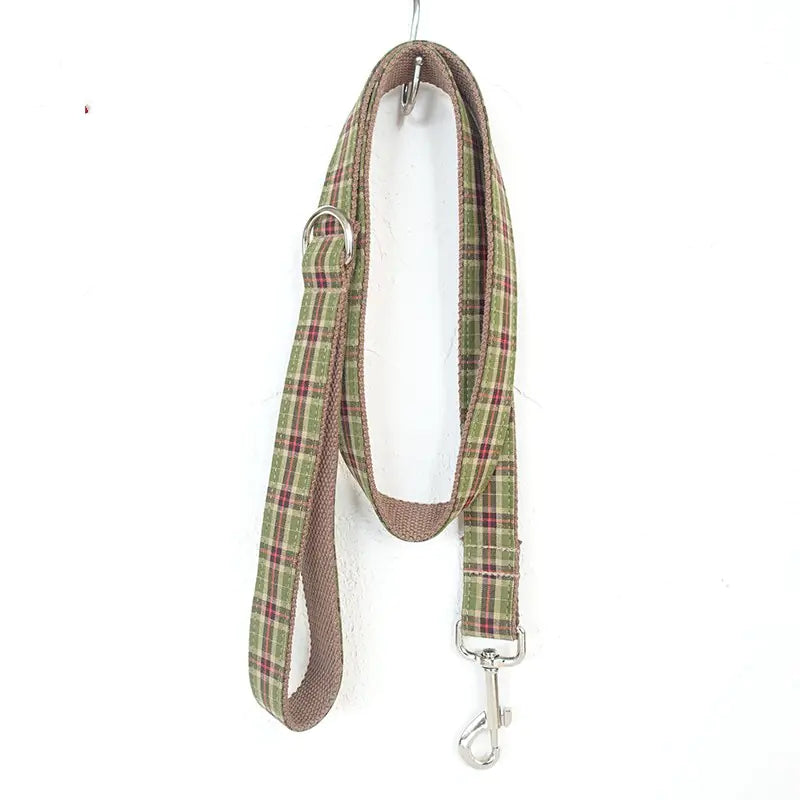 Adjustable Olive Plaid Dog Collar with Leash