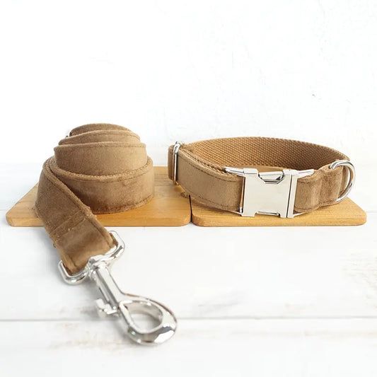 Adjustable Camel Thick Velvet Dog Collar with Leash